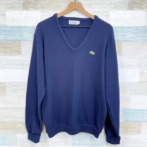 IZOD Lacoste Vintage Orlon Acrylic Sweater Navy Blue V Neck Grandpa Mens Large